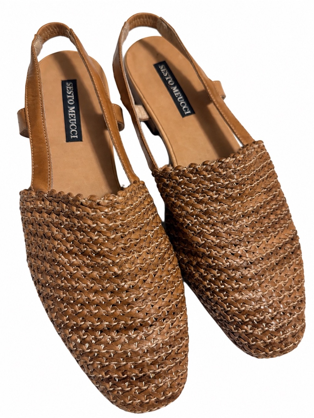 Sesto Meucci Women’s 8M Woven Leather Slingback Flats Brown Made in Italy